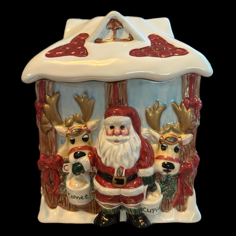 Vintage Fitz and Floyd DEER SANTA Candy Jar/Christmas decor EUC